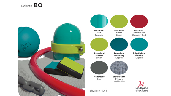 Teal, red and bright green colors on playground components showcasing the Palette BO from Landscape Structures.